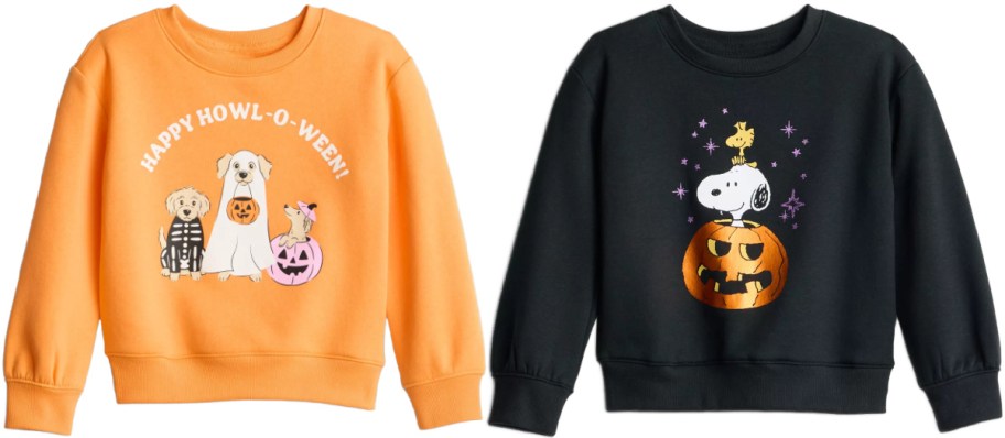 Two Jumping Beans kids' Halloween sweatshirts shown side by side, featuring an orange sweatshirt with three dogs in costumes and the text "HAPPY HOWL-O-WEEN!" on the left and a black Peanuts sweatshirt with Snoopy and Woodstock in a jack-o'-lantern on the right.