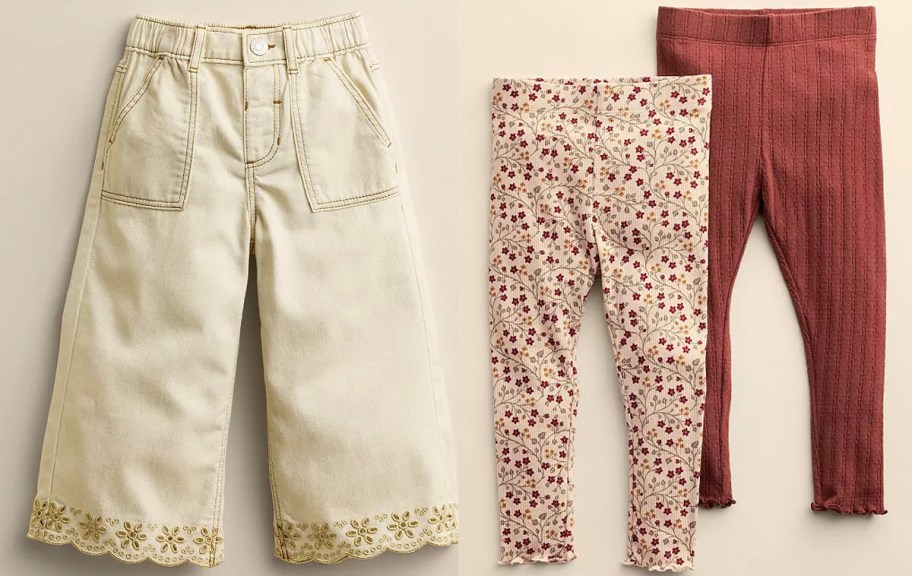 white wide leg pants and red/floral leggings