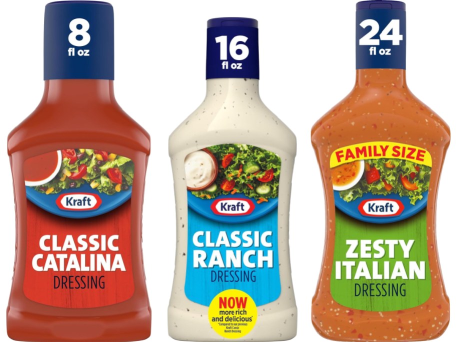 Three bottles of Kraft salad dressings.