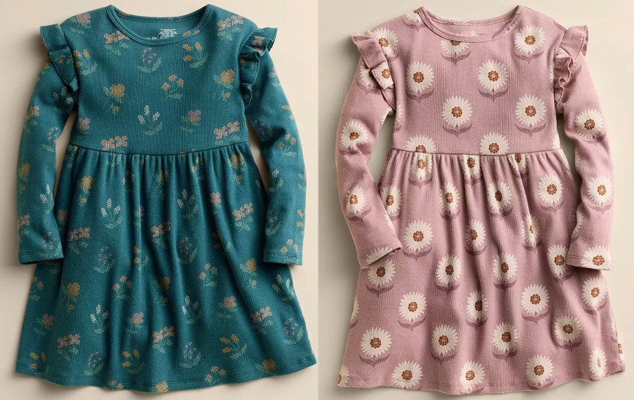 green and pink floral kids dresses