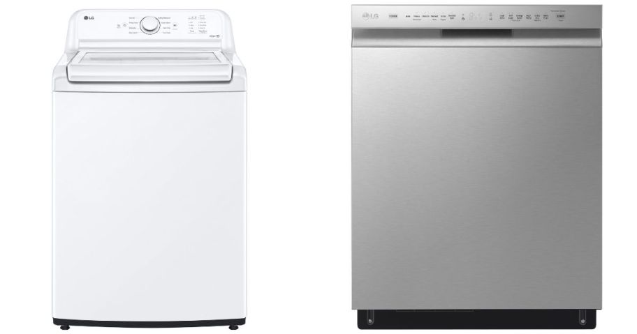 white washer and stainless steel dishwasher