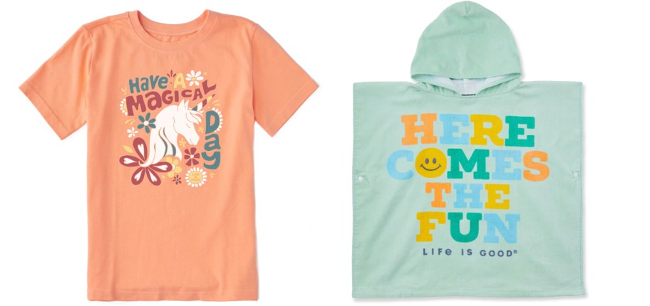 orange unicorn shirt and green kids towel 