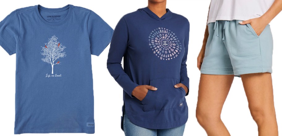 blue tee and women wearing blue hoodie and shorts 