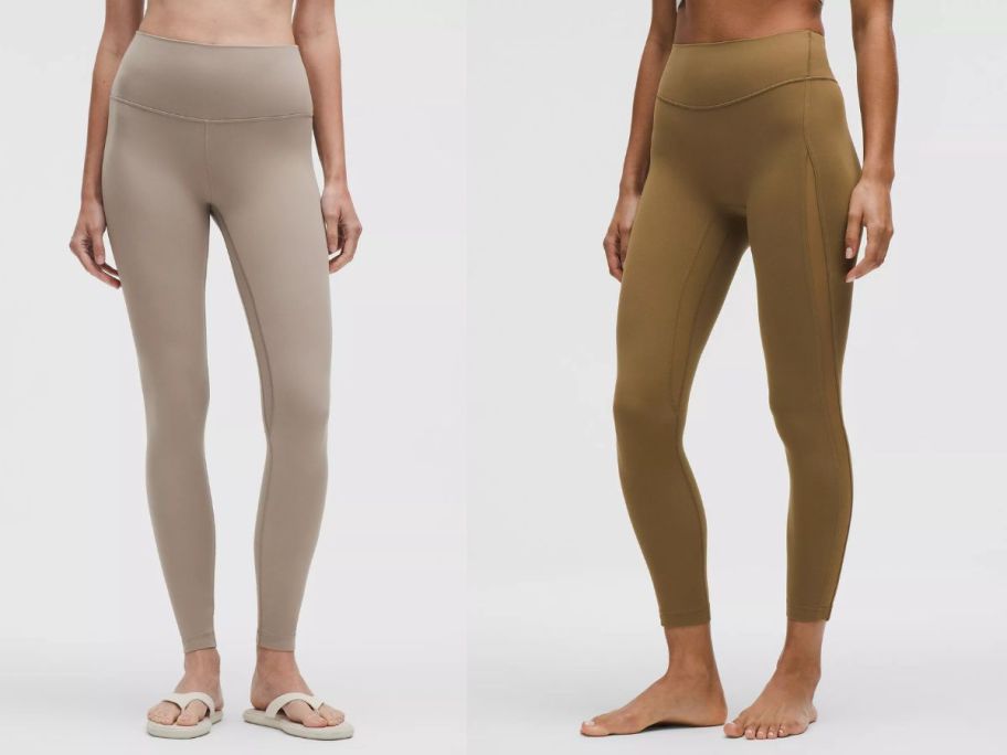 2 women wearing lululemon tights in tan colors