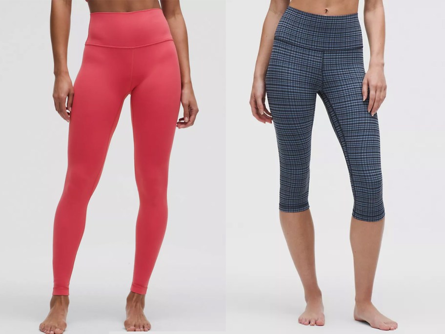 two women in solid pink and blue plaid leggings