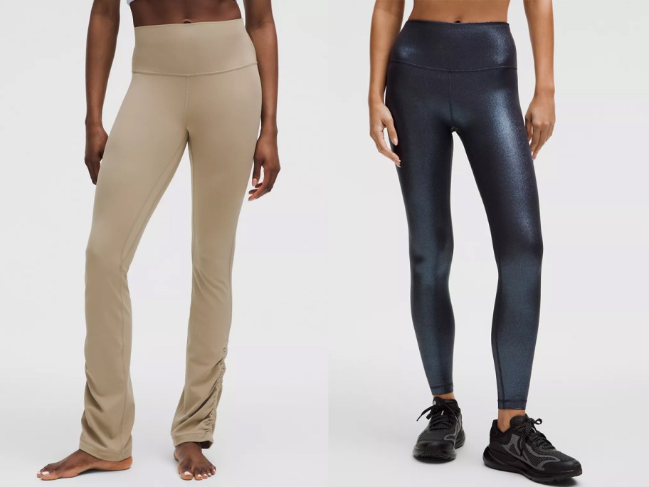 two women in tan and shiny black leggings
