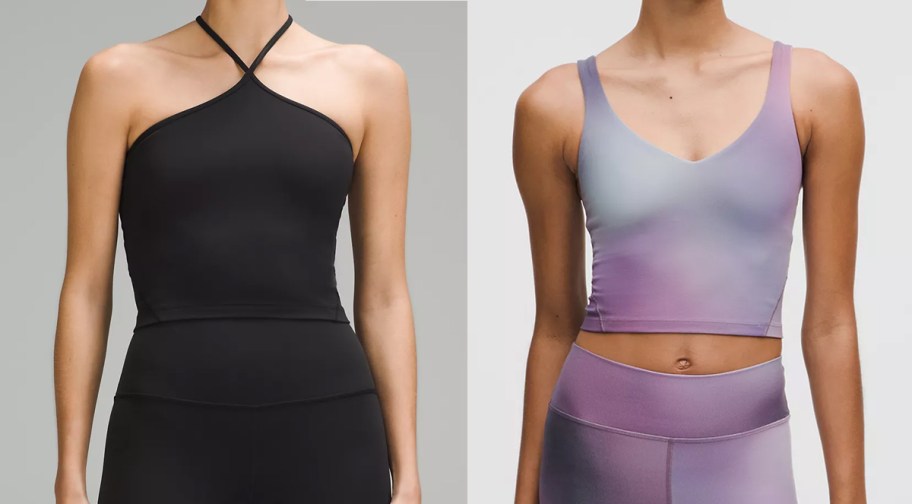 two women in black and purple tank tops