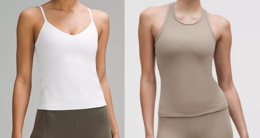 two women in white and brown tank tops