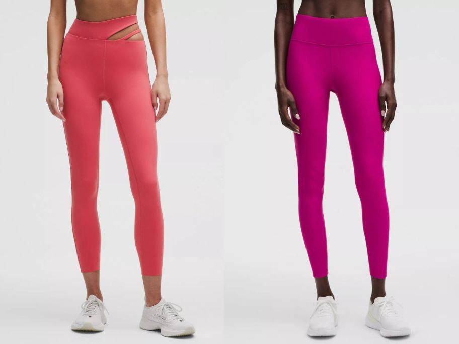 2 women wearing lululemon tights in red and pink colors