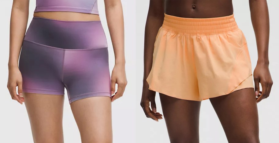 two women in purple and orange shorts