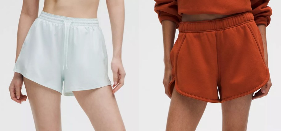 two women in light blue and orange shorts