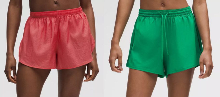 two women in red and green shorts