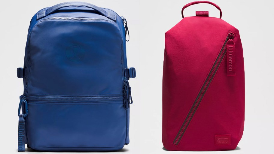 blue and pink backpacks 