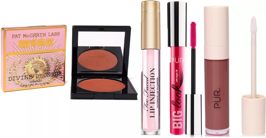 pat mcgrath bronzer, too faced lip gloss, and pur lip gloss and mascara