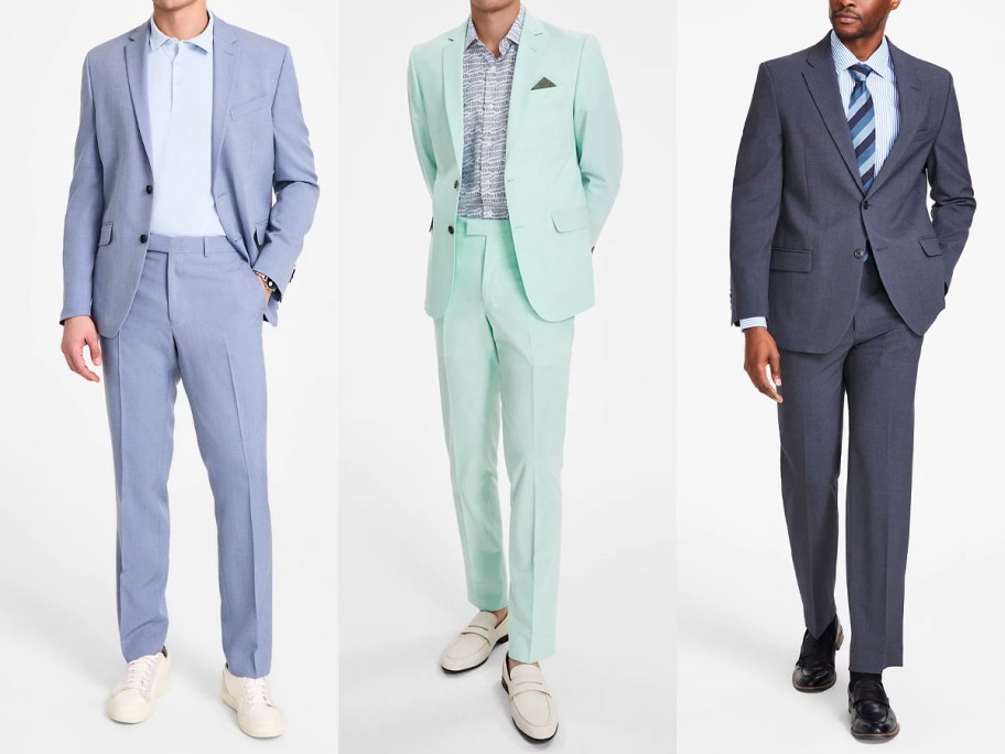 three men wearing blue, green, and gray suits 