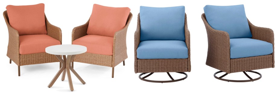 peach and blue outdoor patio chairs 