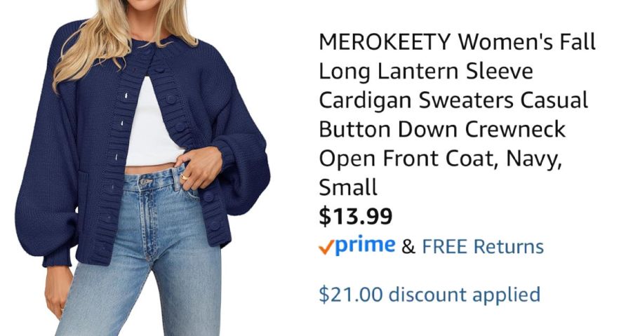 woman wearing navy cardigan next to Amazon pricing information