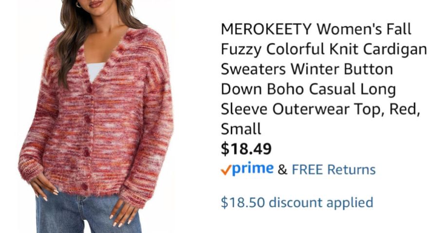 woman wearing fuzzy red cardigan next to Amazon pricing information