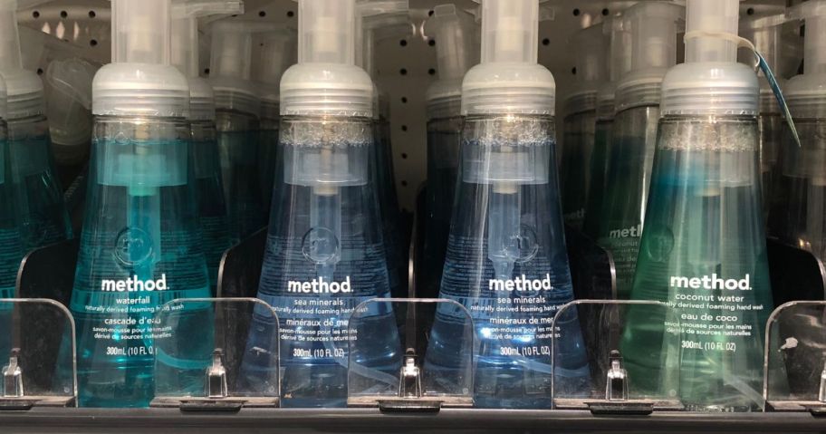 method hand soap pumps on shelf in store
