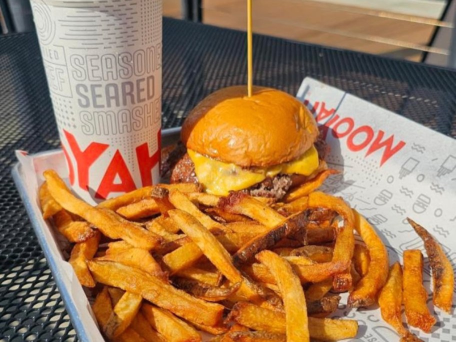 burger and fries on Mooyah tray