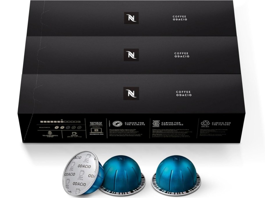 nespresso boxes with three blue pods in front