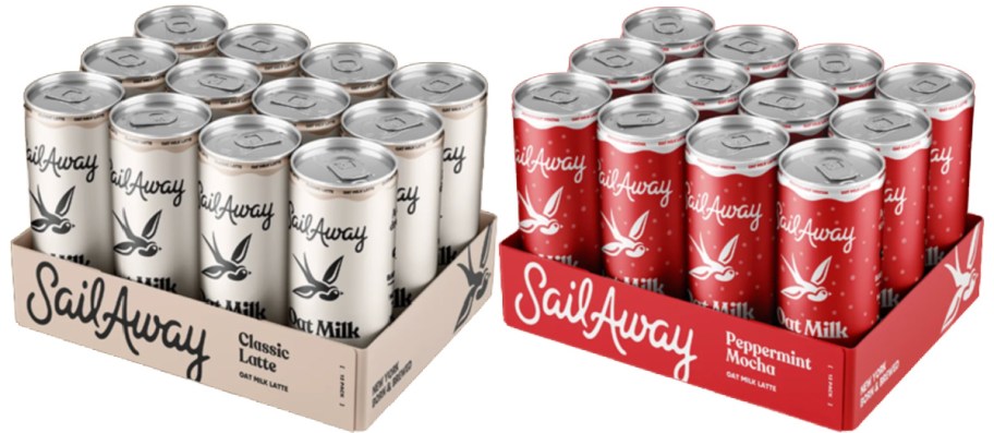 Two sets of Sail Away Oat Milk Latte cans are displayed. The left set features "Classic Latte" in beige packaging, and the right set shows "Peppermint Mocha" in red packaging.