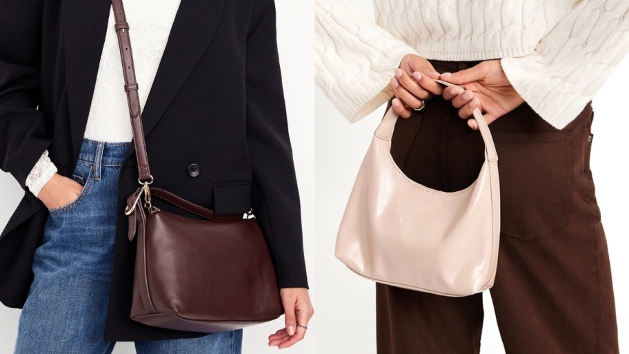 a woman wearing a dark brown shoulder bag and a woman carrying a small hand bag