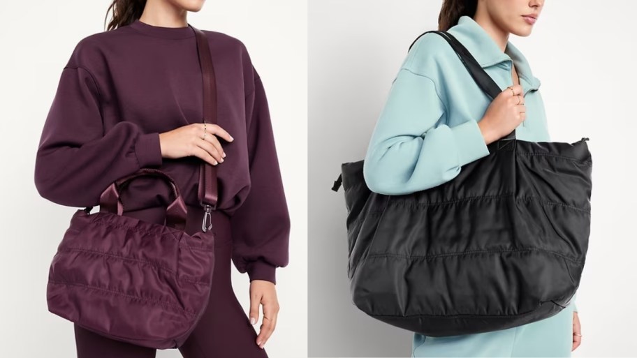 two women with puffer active bags