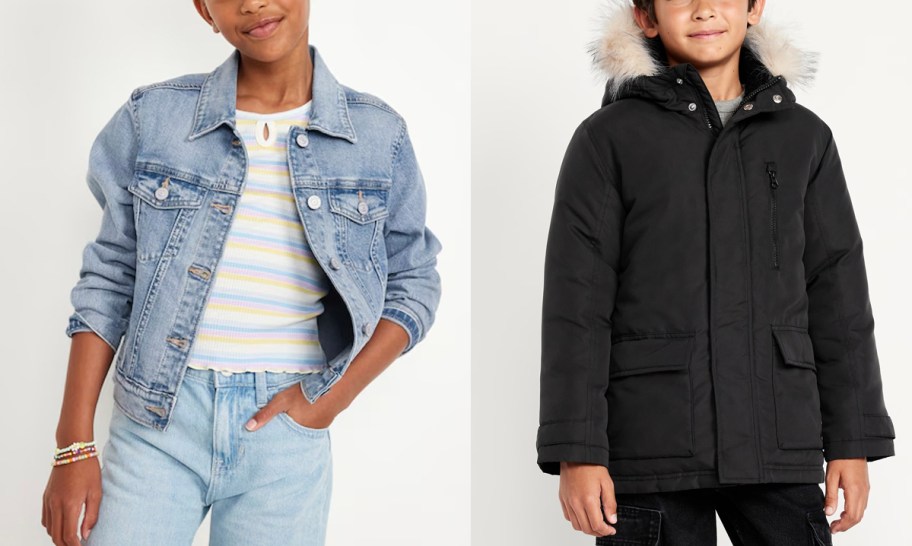 girl wearing jean jacket and boy wearing black puffer jacket 