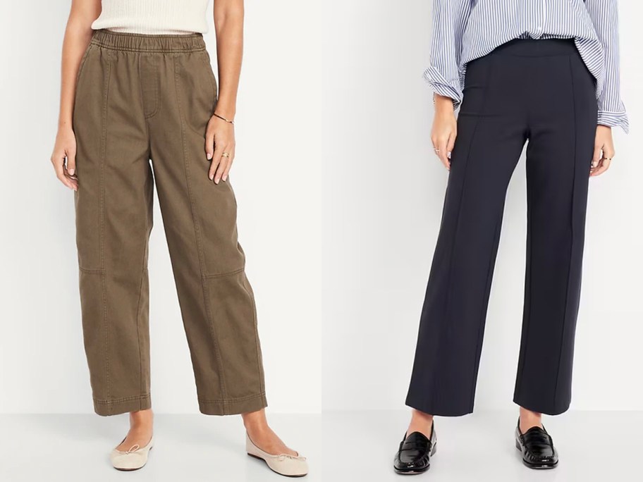 two women wearing tan and blue pants