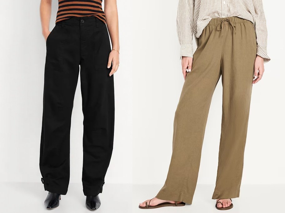 women wearing black and tan pants