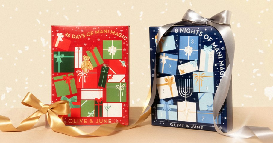 olive and june advent calendars with ribbons