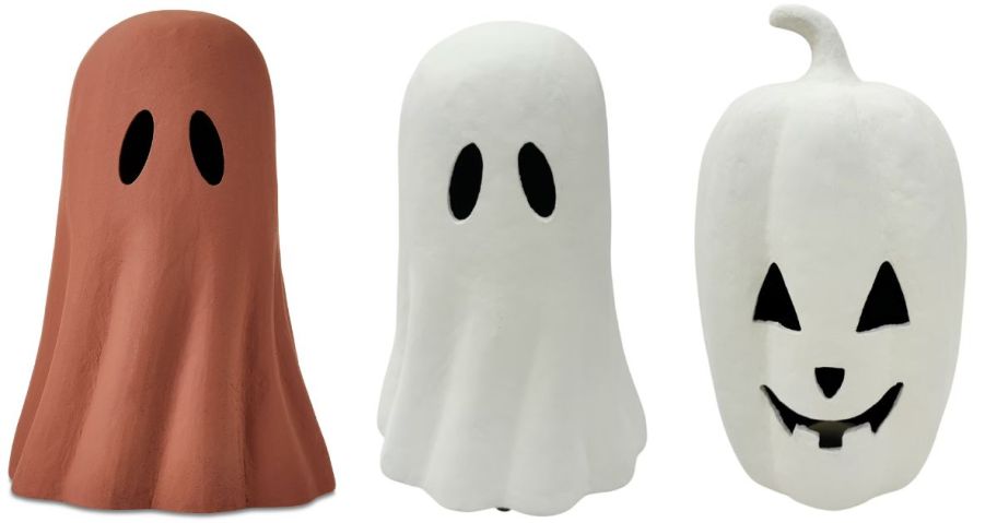 a paper mache brown ghost, white ghost, and white pumpkin