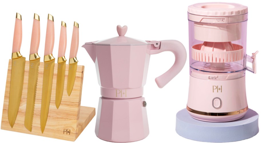 Three Paris Hilton Home items including a knife set, an espresso maker and a juicer.
