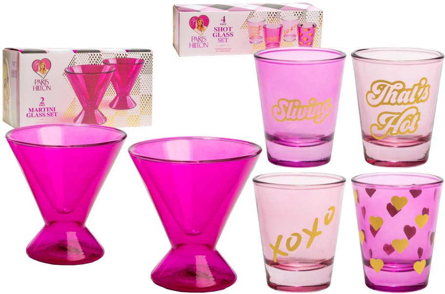 Two sets of pink Paris Hilton Home drinkware.