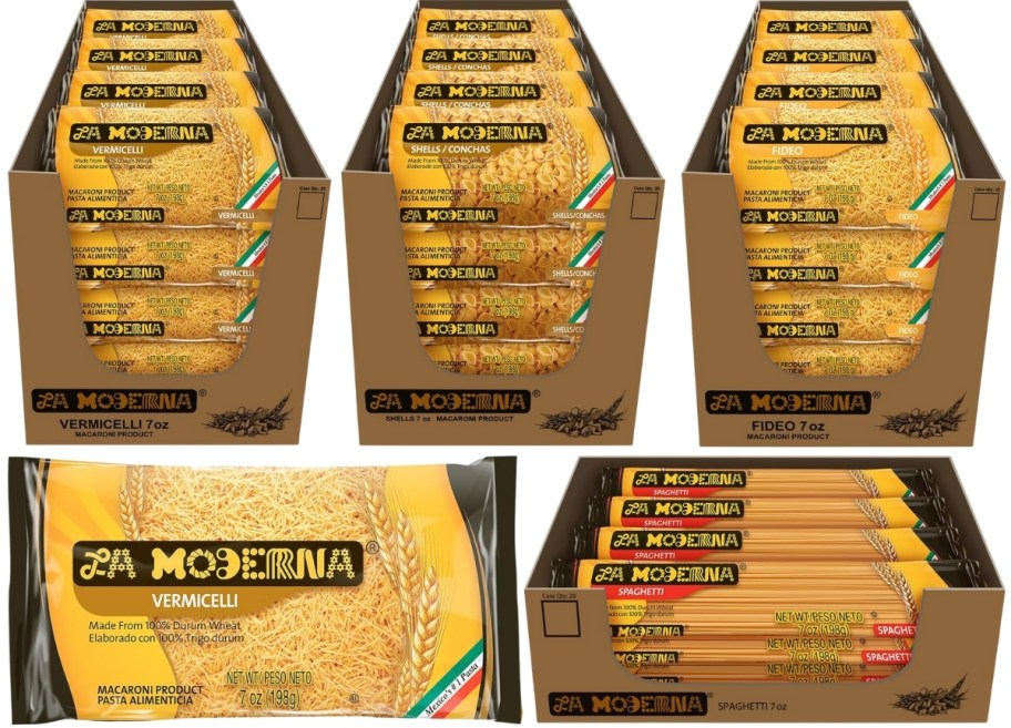 bags and multicount boxes of pastas in various shapes