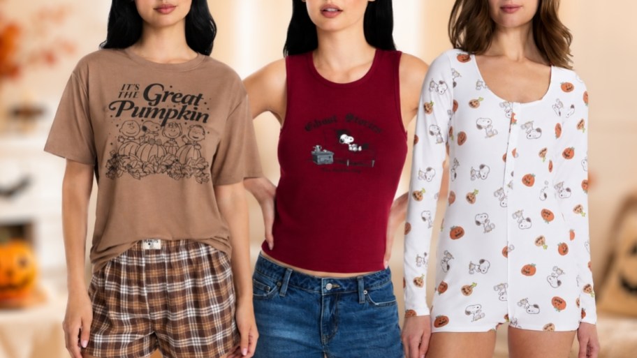 three women wearing peanuts pajamas