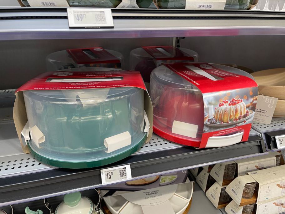 The Pioneer Woman 5-Piece Fluted Cake Pan & Carrier Sets on shelf in store