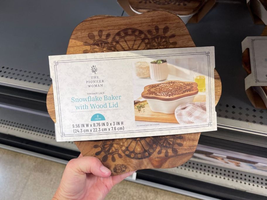 The Pioneer Woman 9" Snowflake Stoneware Baker in hand in store