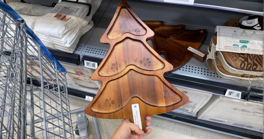 The Pioneer Woman Acacia Wood Christmas Tree Serving Board in hand in store