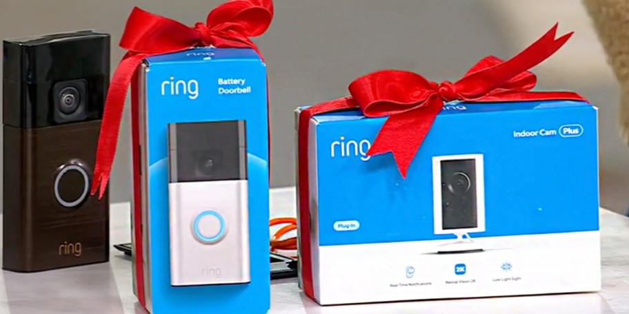 ring doorbell and camera in box with red bows