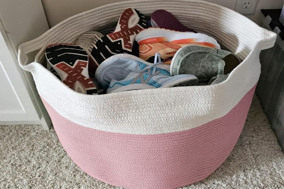 rope basket with shoes in it