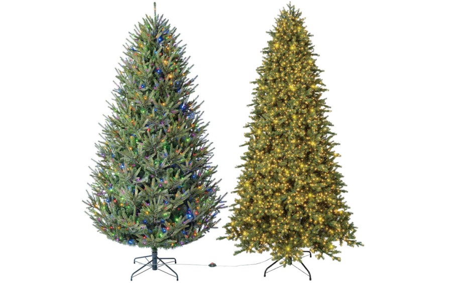 Two prelit Christmas trees.