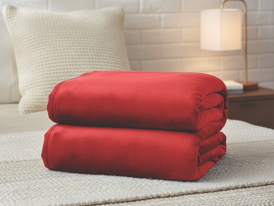 Two red Sams Club throw blankets folded.