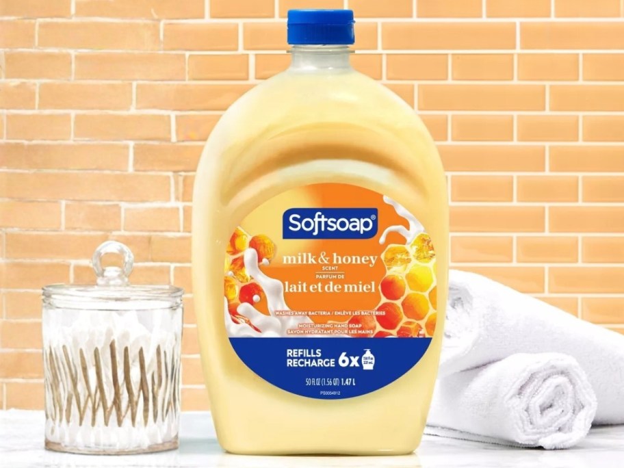 a large Softsoap hand soap refill bottle