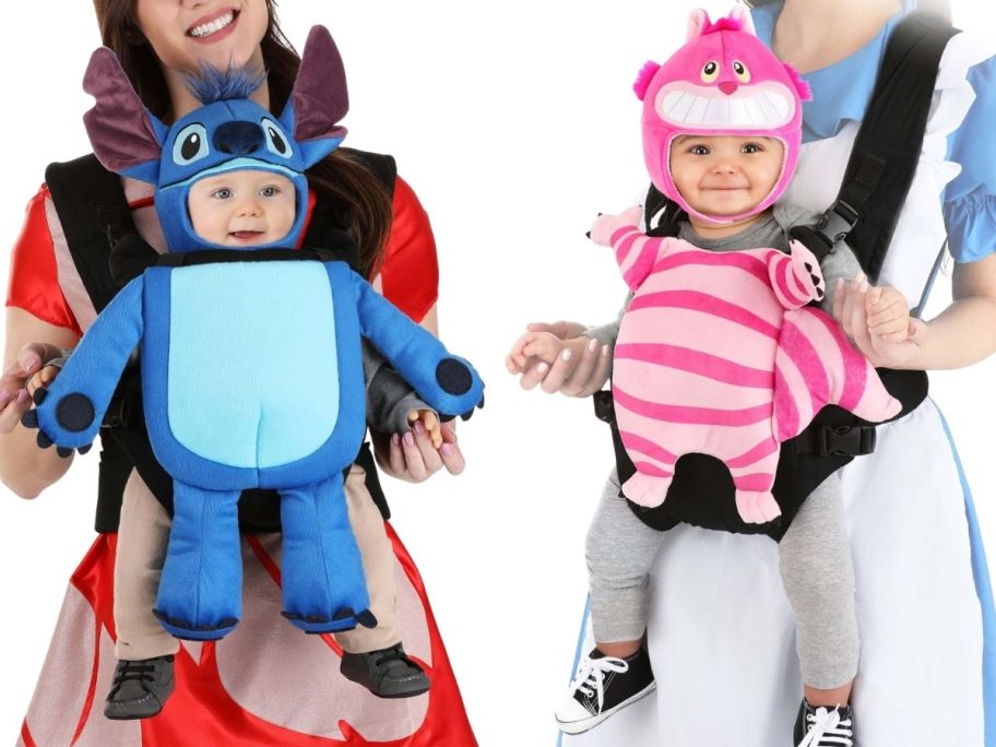 a woman with a baby in a carrier wearing a stitch costume and a woman with a baby in a carrier wearing a cheshire cat costume