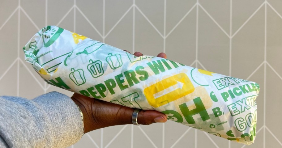 A hand holding a Subway footlong.