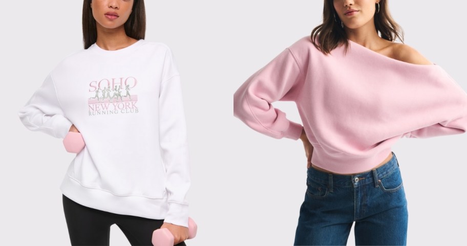 two women in two different styles of sweatshirts