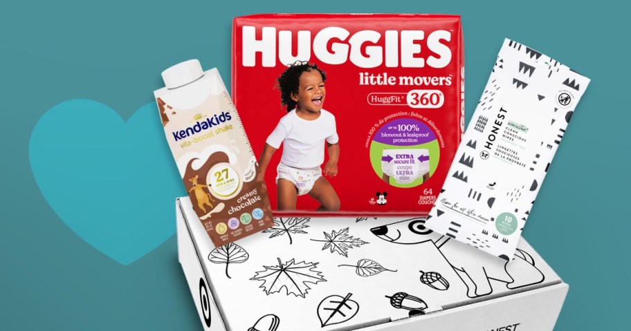 Pack of Huggies diapers, Kendakids shake and Honest wipes above a decorative box