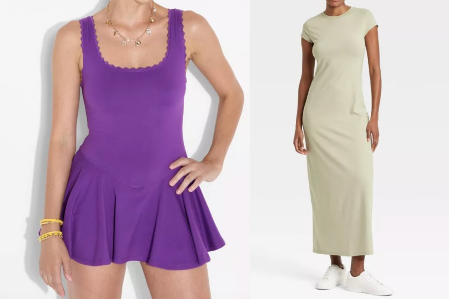 women in purple and green dresses